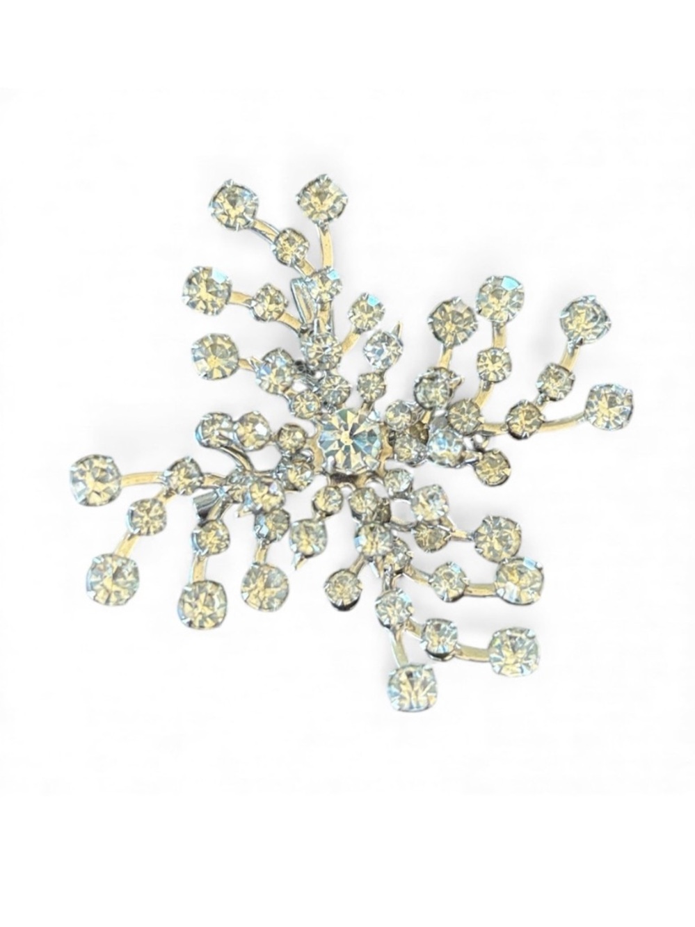 Vintage Clear Rhinestone Prong Set Flower Brooch Pendant Pin Silver Toned